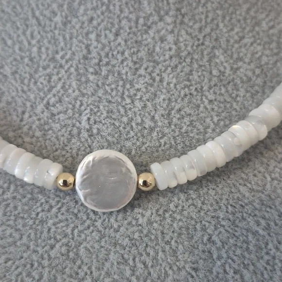 Natural Mother.of Pearl White Slices Of Pearl Rings & Pearl Coin Choker,Braclet - Picture 2 of 7